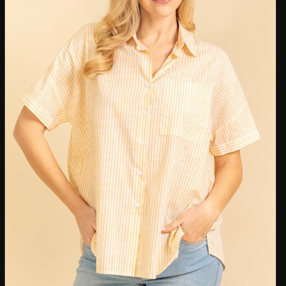 Yellow & Ivory Short Sleeve Stripes Collard Top